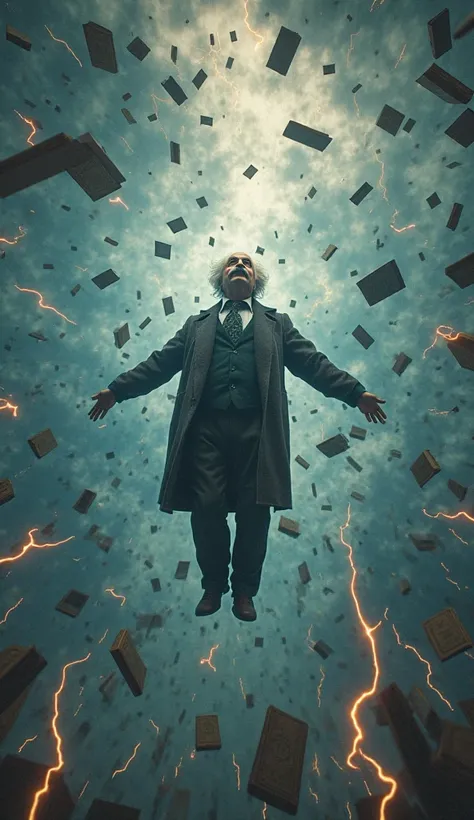 Albert Einstein floating with lightning and rain of books falling from the sky realistic photo, gravity attracts each other to another reality