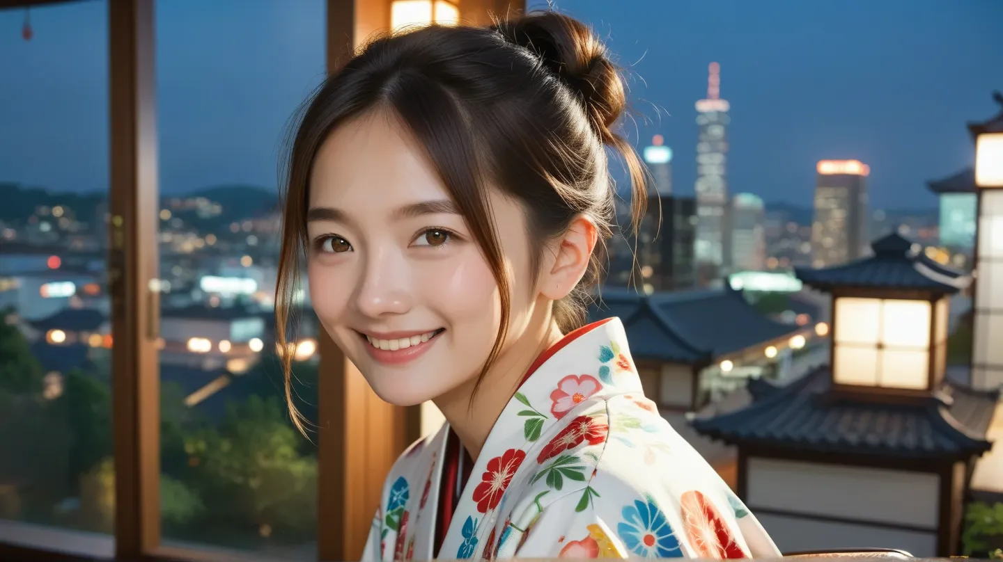 realistic, alone, beautiful japanese woman, traditional kimono, natural appearance, soft smile, impressive sight, traditional hairstyle, Japanese-style room at dusk, sitting by the window, illuminated by the city lights, (attractive pose), professional pho...