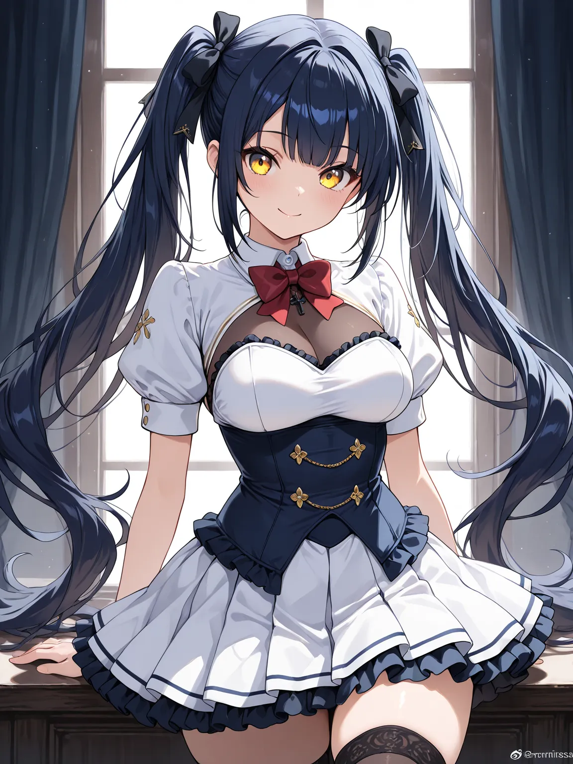 1girl, dark blue hair, long hair, twintails, yellow eyes, white hair ribbon, medium breasts, white shrug (clothing), puffy sleeves, short sleeves, wing collar, red bowtie, blue underbust, white strapless dress, frilled dress, black see-through cleavage, wh...