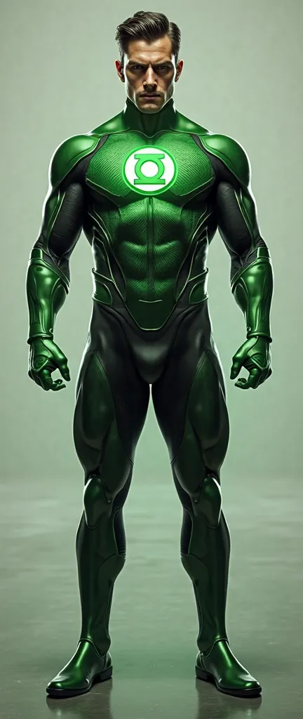 Full body photorealistic ultra realism handsome Jason David frank as Green Lantern. Face frontal camera focus asymmetrical face detailed