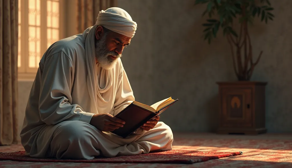 "A Bohra man without his traditional white cap is sitting on the floor, reading the Quran with deep concentration. He wears a simple yet traditional outfit, and his posture is respectful and peaceful. The setting is a quiet room with a prayer mat, soft lig...