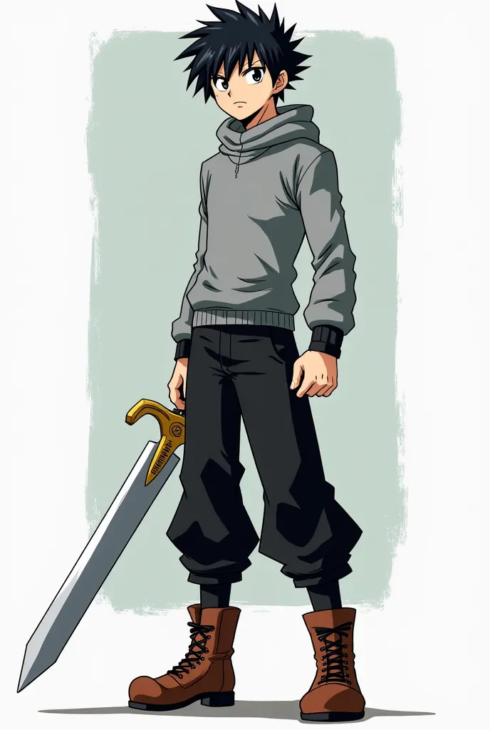 It creates the anime-shaped image of a serious boy with black hair and a hairstyle similar to that of Gray fullbuster from Fairy Tail black eyes who has a normal body structure that is slightly tall and is wearing a gray medieval sweater with black pants a...