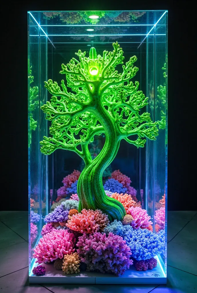 A neon big tree bonsai made of neon green Cucumbers in shape of rose  and green neon Pepper inside a big crystal cube. On the ground are multicolored pink, purple red, blue corals. 