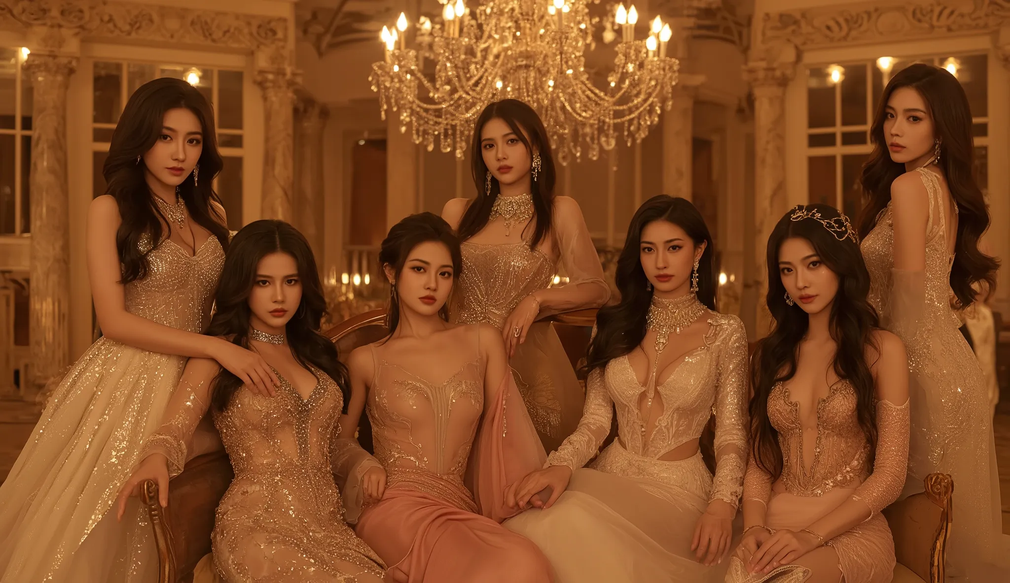 "A group of stunning, confident women posing elegantly in a luxurious, fantasy-inspired setting. They wear glamorous, intricately designed outfits adorned with jewels, lace, and shimmering fabrics. Each woman has a unique, alluring appearance with diverse ...