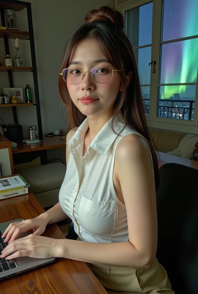 A wide shot shows the full body of the models from their side through a desk as a foreground. 

A beautiful THAI woman, 20. Her tired face in tinglingly feeling while a hint of weariness creases a drunk sensation, soft makeup, her RED-BROWN hi-lighted long...