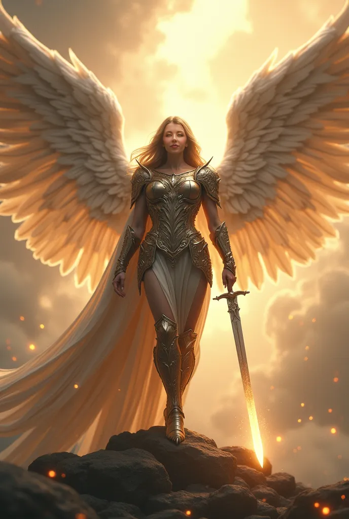 
Can you draw the woman in the visual picture as a warrior angel ?