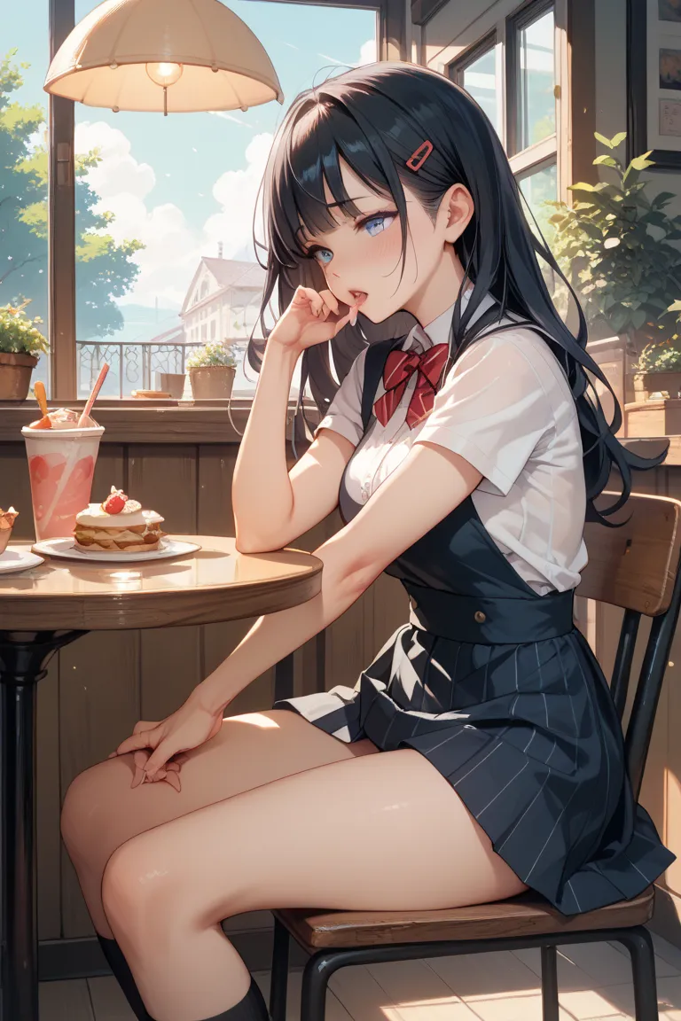 Cafe black hair no panties masturbation