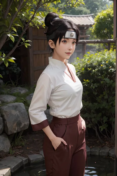 *"Tenten from anime Naruto (series), Naruto Shippuden, anime art style, masterpiece. An animated character with a ninja headband bearing a Konohagakure symbol. She has dark hair styled in two buns on top and a short ponytail in the back. Her eyes are brown...