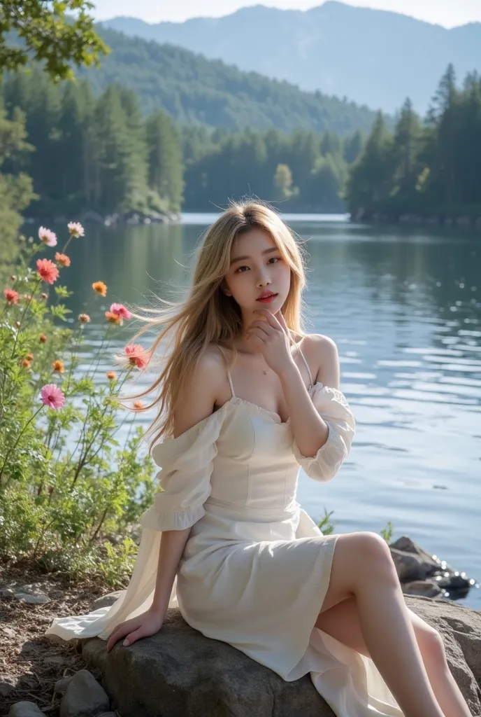 lake view with rocky slope to water, trees, and flowers growing along bank, a beautiful K-POP actress yang woman with long flowing blonde hair seated on a rock with hand on chin,beautiful slender body, perfect breast, 