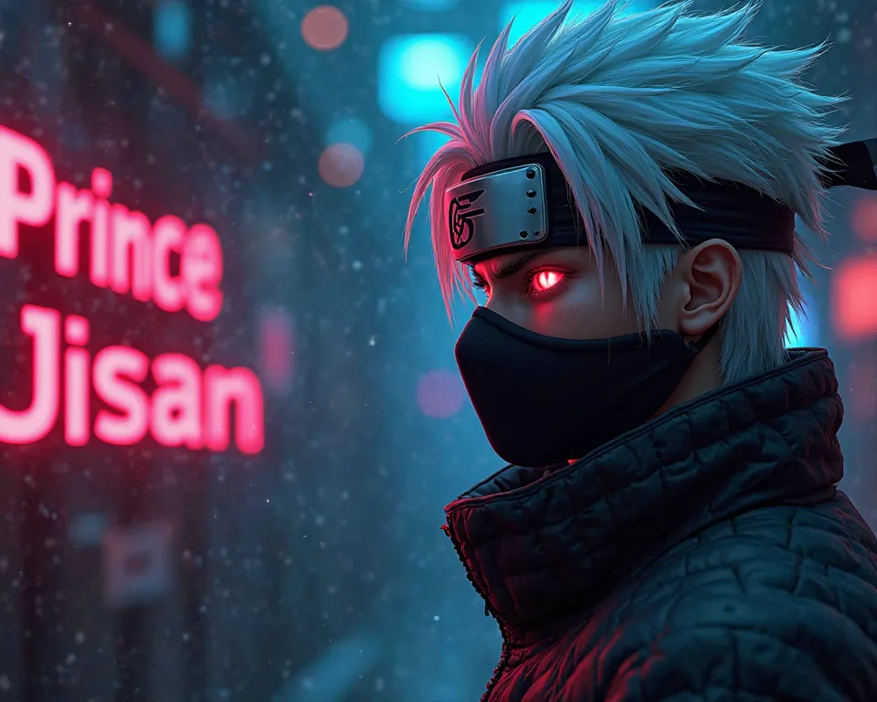 A futuristic and stylish Facebook cover image featuring the name 'Prince Ahmed Jisan' on the left side in bold, glowing text. On the right side, there is a mysterious, masked anime-style warrior resembling Kakashi Hatake, whit his famous white hair, with o...