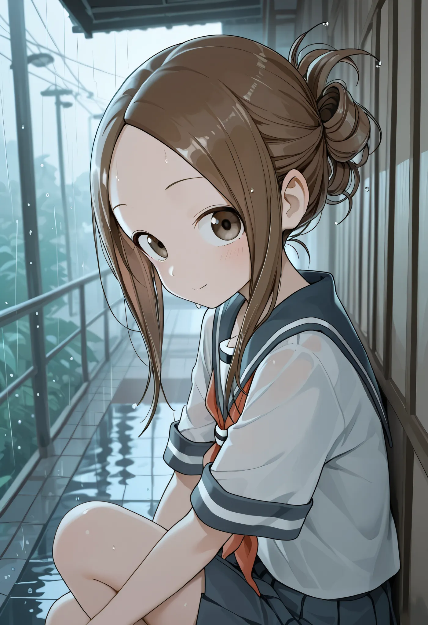 Takagi-san,Hide under the roof to shelter from the rain,Raindrops under the eaves