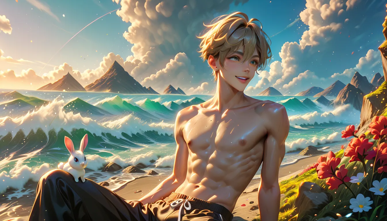 a skinny chinese boy, 20 years old with long stunning hair, is at the stones beach sitting down watching the waves against the high cliffs on the sea, he is with a white happy rabbit sitted down near him, slim boy, skinny abs, naked, wearing only the light...