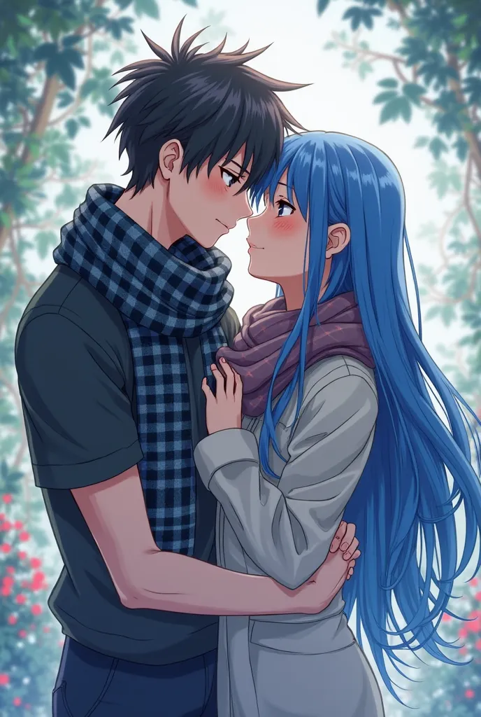 I'll draw an anime short A guy in a black and blue checkered scarf hugs a tall swarthy blue-haired girl