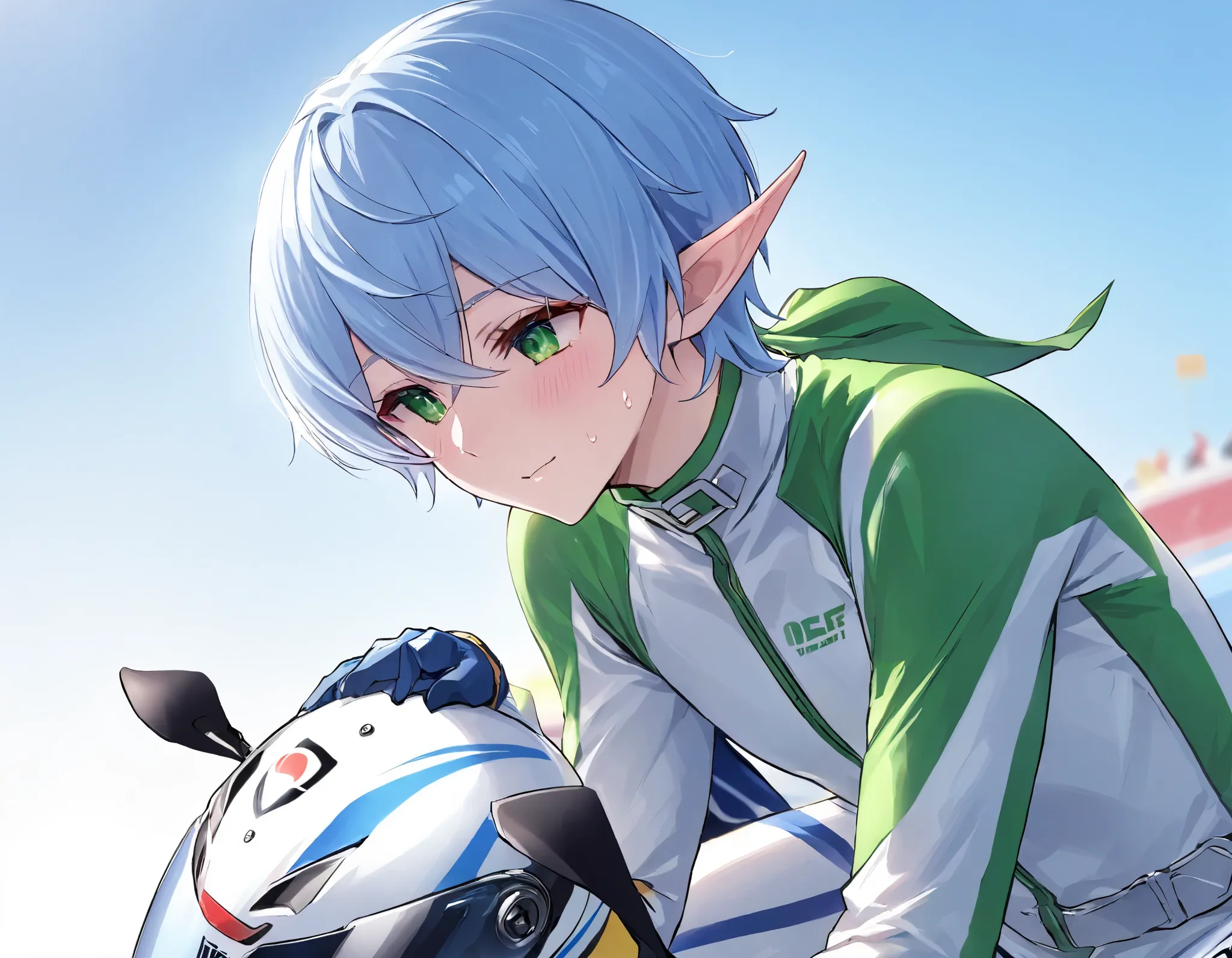 Elf、pointy ears、Bike Racer、Hold the helmet with your right hand、Hold the helmet beside the、 hair that reaches the shoulders 、sweat、One person、Single、During break