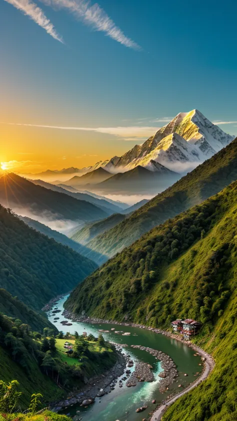 A panoramic view of Sikkim, where its mystical essence comes alive—ancient temples, secret valleys, glowing rivers, and a majestic golden sunrise over Kanchenjunga. A place where myths and reality blend seamlessly.