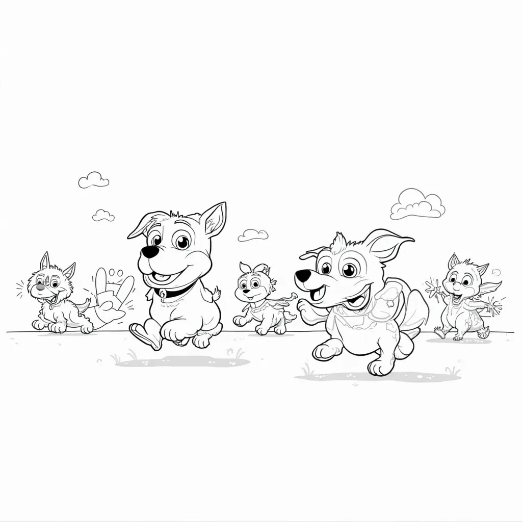 "Illustrate a coloring page with Bluey and her friends (Mackenzie, Coco, Snickers, etc.) playing together. Use simple, outlined graphics with no background shading."

