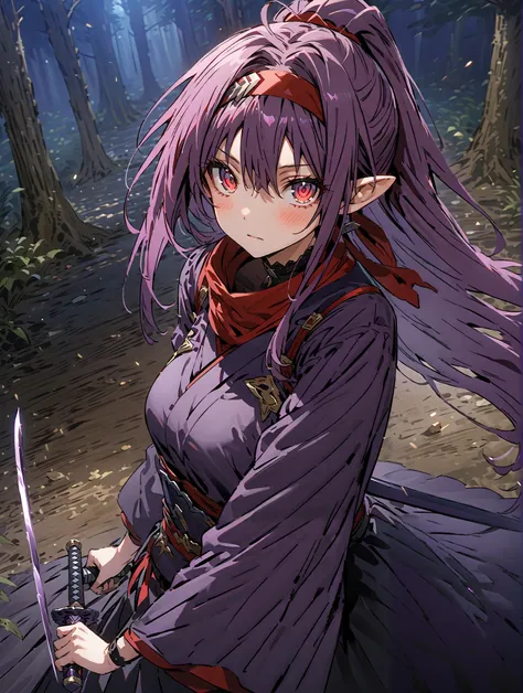 score_9, score_8_up, score_7_up,  source_anime,
 yuukiKonno, Konno Yuuki, Hairband, long hair, pointed ears, purple hair, Red Eyes,ponytail, Purple Kimono , purple speck , red scarf,boots,serious,
抜knife術の構え, viewers, holding, weapons, sword, holding weapo...