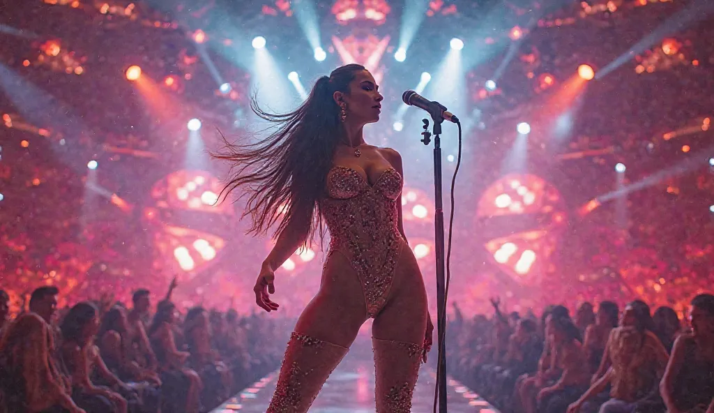 Ariana grande on a stage singing well dressed