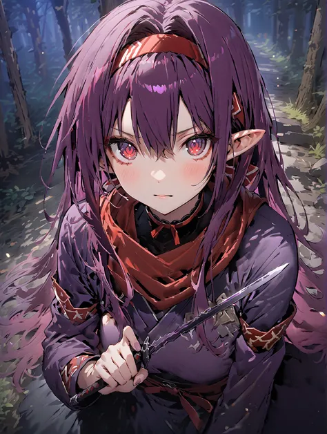 score_9, score_8_up, score_7_up,  source_anime,
 yuukiKonno, Konno Yuuki, Hairband, long hair, pointed ears, purple hair, stupid hair,Red Eyes,ponytail, Purple Kimono , purple speck , red scarf,boots,serious,
抜knife術の構え, viewers, holding, weapons, sword, h...