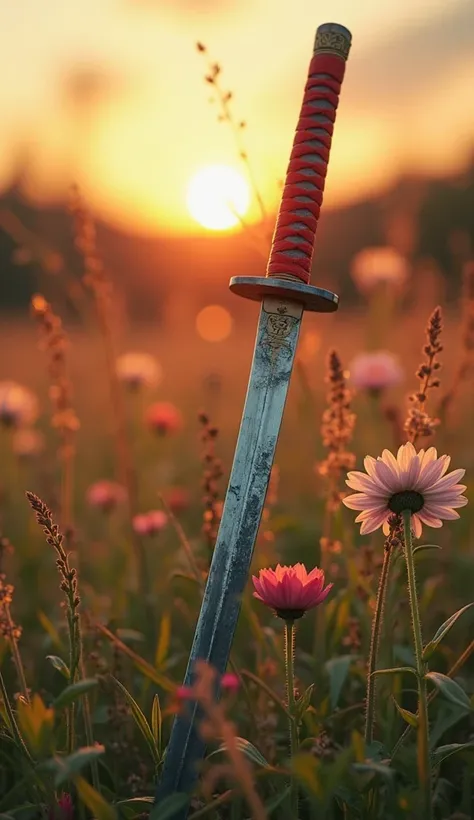 A beautiful Japanese sword is、a shabby, broken blade、lying in a beautiful spring prairie flower,  with a samurai skeleton beside it ,  the remnant of a war that happened a long time ago . Katana .The country is broken  ,  There are mountains and rivers .  ...