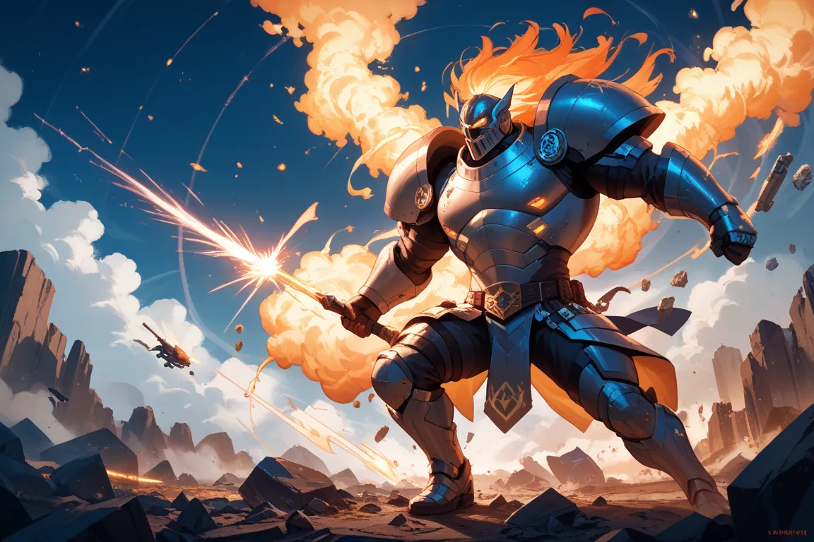 A dynamic battle scene in a vast, crumbling arena filled with smoke and dust. A fiery explosion lights up the sky as energy waves collide. Debris flies through the air, while the ground cracks beneath the impact. The scene is framed with speed lines and in...