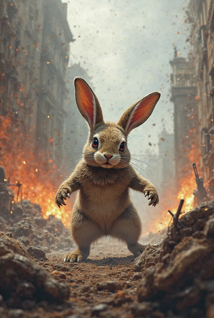 Create an image of a Rabbit fighting on a war field