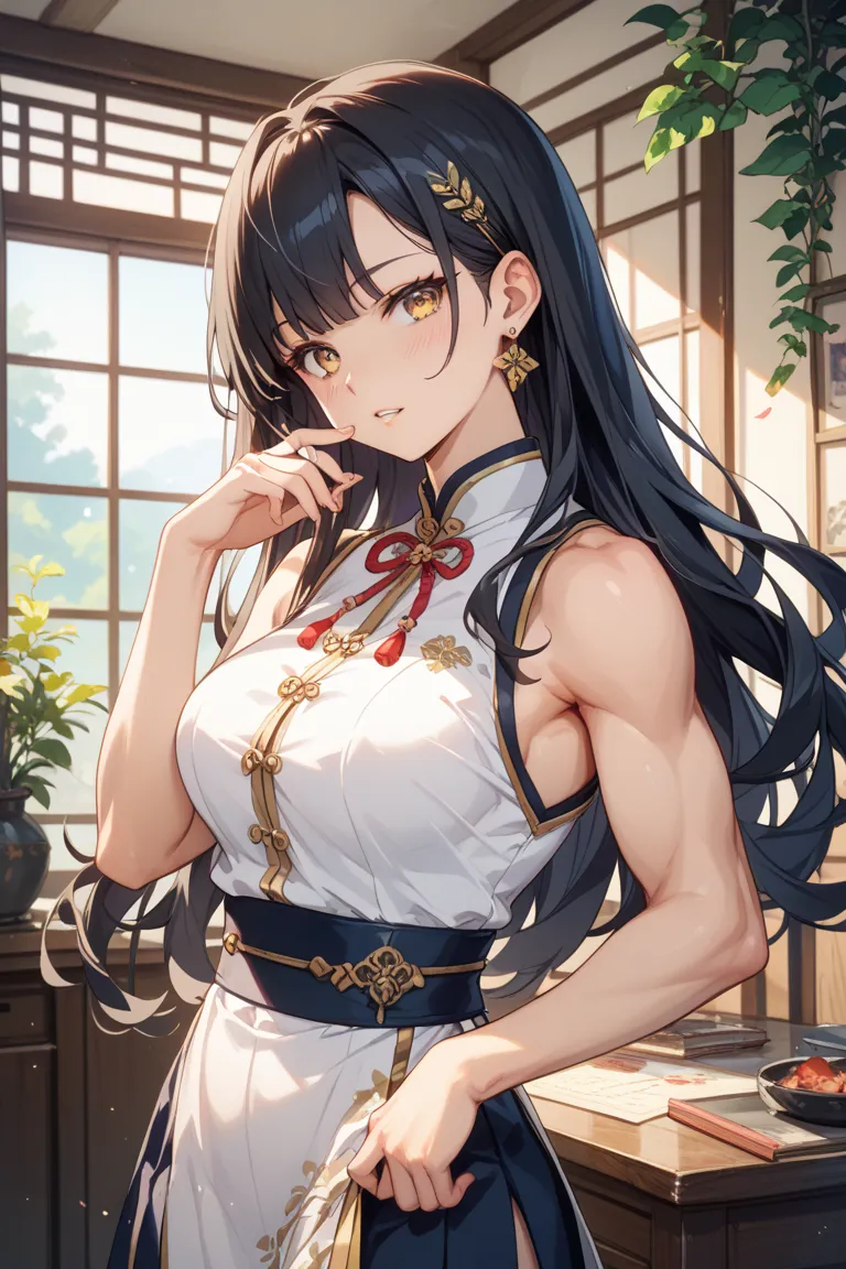 anime style、solo、pretty girl、high school girl、muscular and toned body。long black hair and golden eyes（gold）、There is a clean and calm atmosphere。 fingers。

In a lovely room、with an expression that makes a little ridiculous、Inciting scene。

clothing： sleeve...