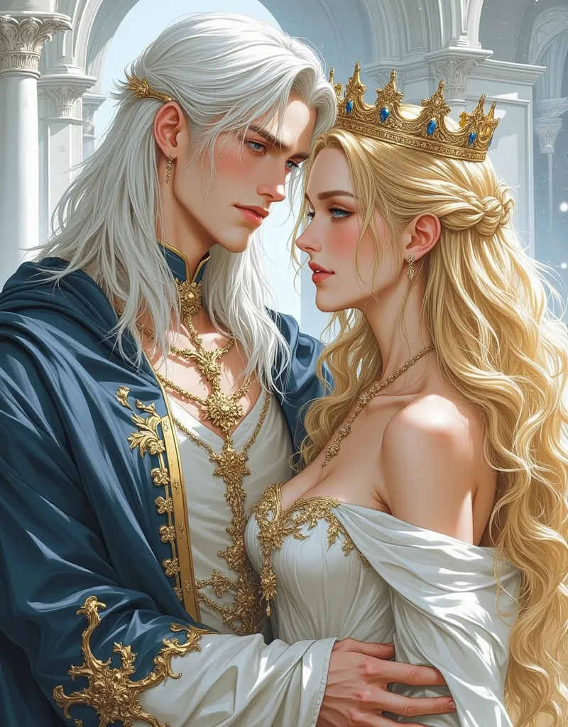 beautiful, exquisite drawing in the style of a realistic comic book of the 90s. A tall, handsome, statuesque, courageous, attractive young man with long white hair below his shoulders, long bangs, tanned skin, blue eyes hidden by a royal outfit, puts a bea...