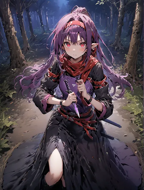 score_9, score_8_up, score_7_up,  source_anime,
 yuukiKonno, Konno Yuuki, Hairband, long hair, pointed ears, purple hair, stupid hair,Red Eyes,ponytail, Purple Kimono , purple speck , red scarf,boots,serious,
抜knife術の構え, viewers, holding, weapons, sword, h...