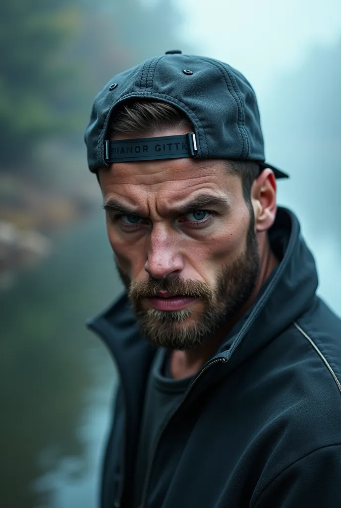  summer. early morning. a river with tree-covered shores. blue Mist. a young European-looking man , unshaven , gangster-looking, dressed in a tracksuit and cap. The man's face is close-up in full screen. He looks angrily at the camera. 