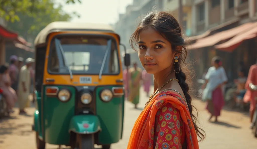 an 18 year old south Indian girl wearing kurti is standing near an auto rickshaw and looking at it to stop it.