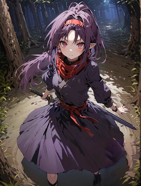 score_9, score_8_up, score_7_up,  source_anime,
 yuukiKonno, Konno Yuuki, Hairband, long hair, pointed ears, purple hair, stupid hair,Red Eyes,ponytail, Purple Kimono , purple speck , red scarf,boots,serious,is standing,
抜knife術の構え, viewers, holding, weapo...