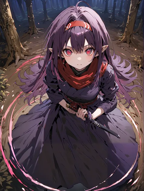 score_9, score_8_up, score_7_up,  source_anime,
 yuukiKonno, Konno Yuuki, Hairband, long hair, pointed ears, purple hair, stupid hair,Red Eyes,ponytail, Purple Kimono , purple speck , red scarf,boots,serious,is standing,
抜knife術の構え, viewers, holding, weapo...