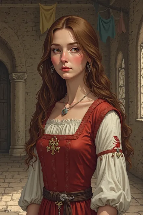 A realistic medieval fantasy depiction of Lady Eleanor Mooton stands in the great hall of Maidenpool, a young noblewoman with long, chestnut-brown hair and fair skin, her cheeks softly flushed with a natural rose hue. Her dark eyes hold a mixture of quiet ...