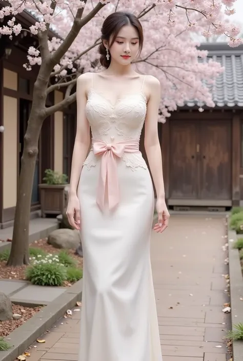 a woman standing elegantly in an outdoor setting adorned with cherry blossoms. She is wearing a fitted, ivory-colored gown featuring delicate floral lace details on the bodice and a soft pink bow around her waist. The dress has thin straps and flows gracef...