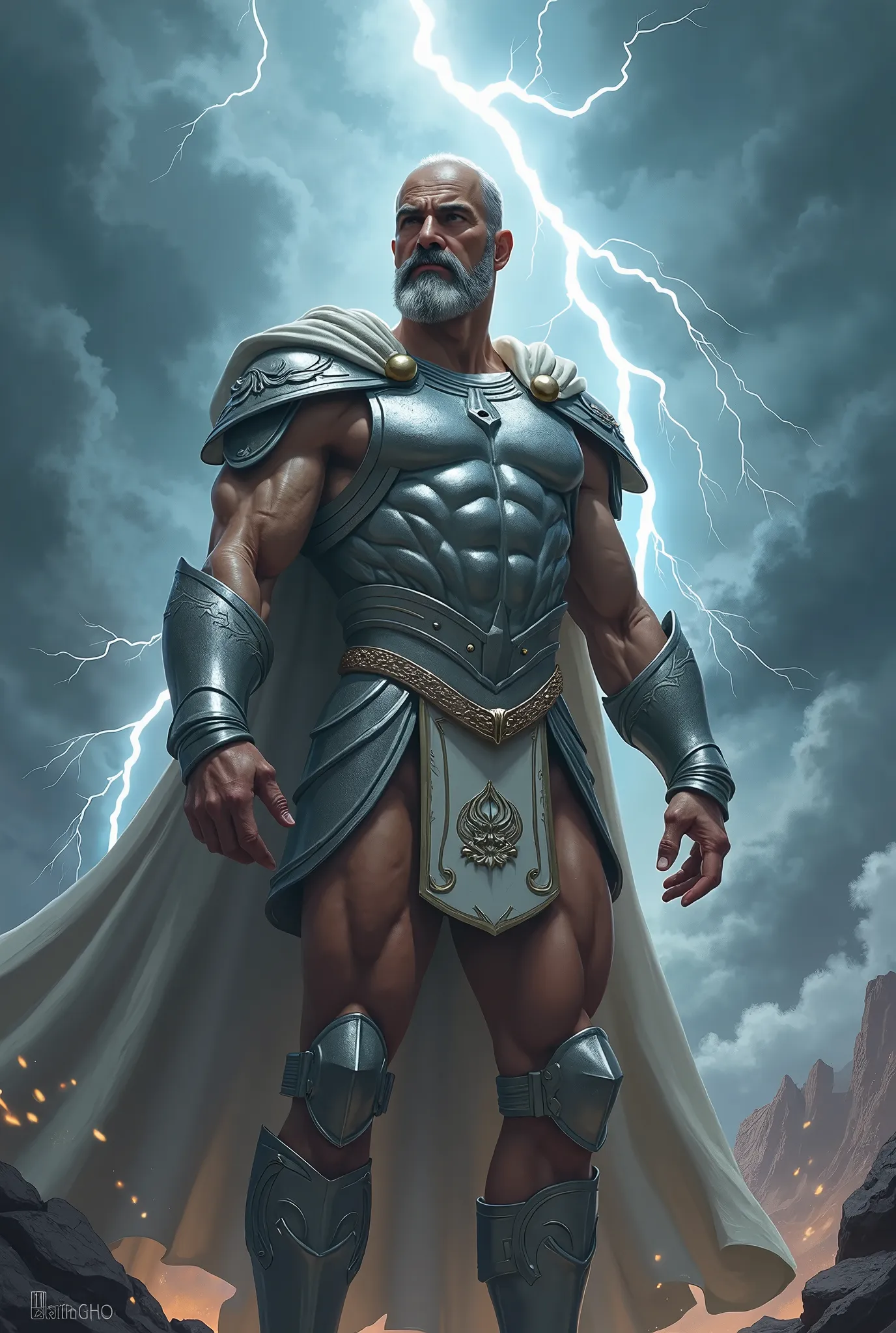 Zues, lightning background, skinny, shinning silver armor, sandal, slightly bald, moustache