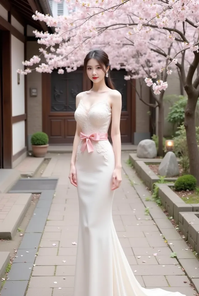 a woman standing elegantly in an outdoor setting adorned with cherry blossoms. She is wearing a fitted, ivory-colored gown featuring delicate floral lace details on the bodice and a soft pink bow around her waist. The dress has thin straps and flows gracef...