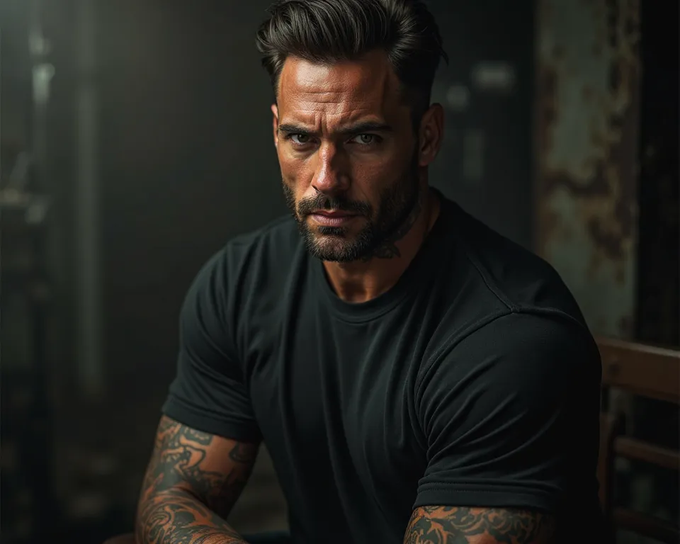 Create a realistic image of a man, 32 years, light brown eyes,  brown styled hair , sit very muscularly,  tattooed, wears a tight-fitting black sweatshirt, mysterious look, strong presence, It is dark outside  