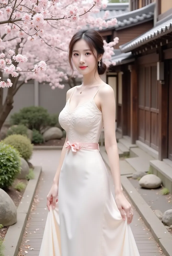 a woman standing elegantly in an outdoor setting adorned with cherry blossoms. She is wearing a fitted, ivory-colored gown featuring delicate floral lace details on the bodice and a soft pink bow around her waist. The dress has thin straps and flows gracef...