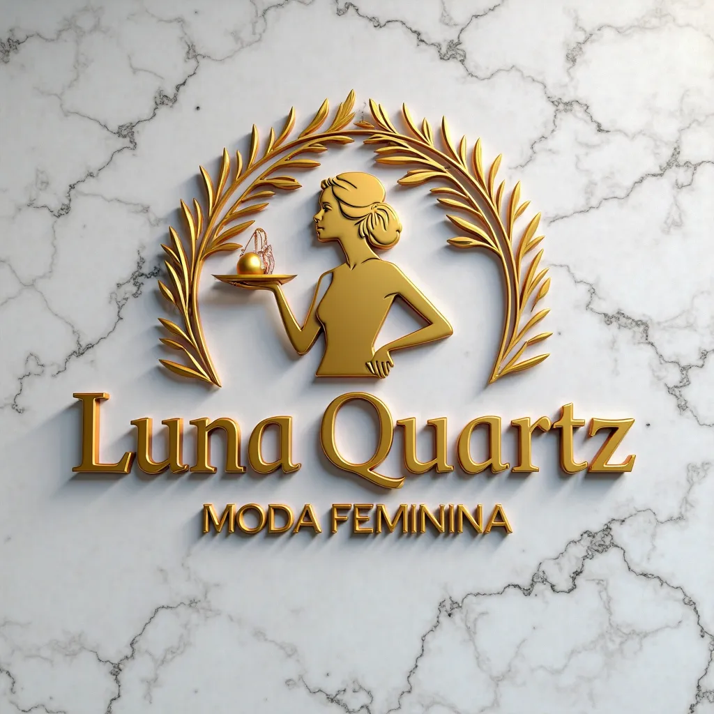 A professional 3d logo design on a gray wall. The logo features the name,Luna Quartz MODA FEMININA , letras cor dourada estilo de assinatura brilho de vidro vivid  an elegant  font. Above the text is a gold vivid silhouette of a Waitress Afroamerican profe...