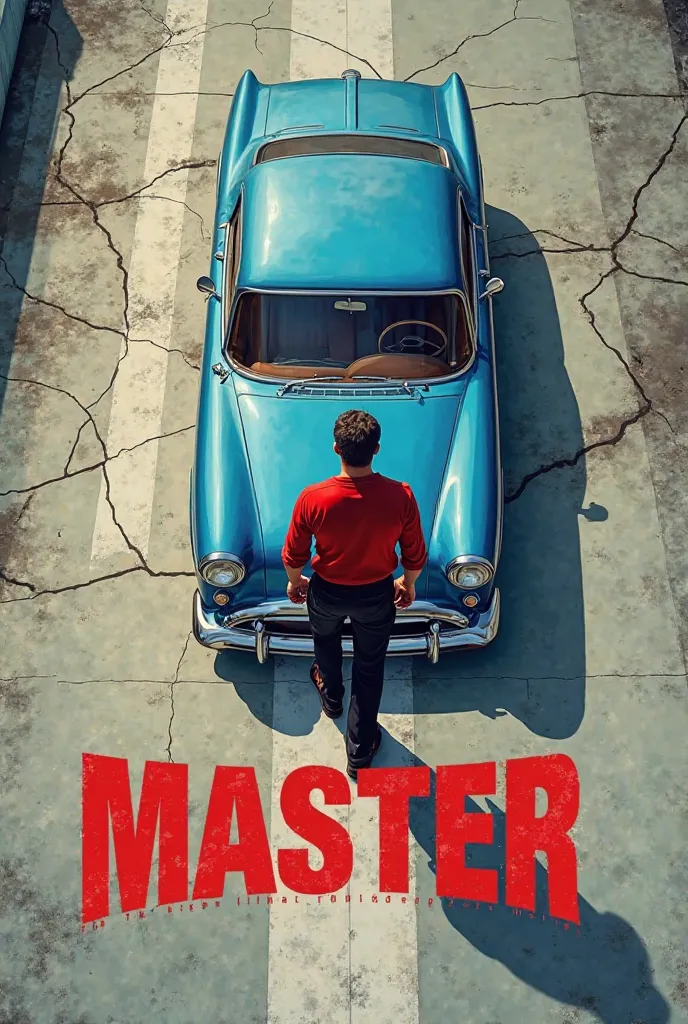 A stylized digital illustration of a man walking towards a blue vintage car from a top-down perspective. The man is wearing a red shirt and black pants, his back facing the viewer. The ground beneath him has a cracked texture on the left side, with a white...