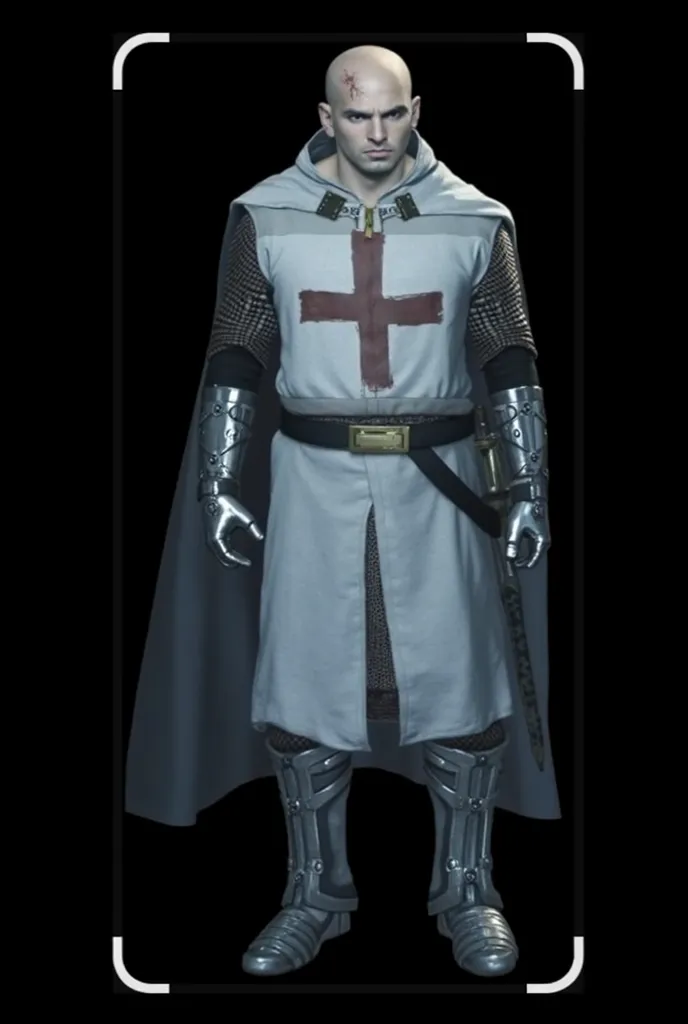  white man, calvo, with a scar on his head, who wears a mesh band on his arms and legs, tunic with metal protectors on his hands and feet, dressed in a white cloaked, a hood and a red cross adorning his chest and carrying a sword in one hand.