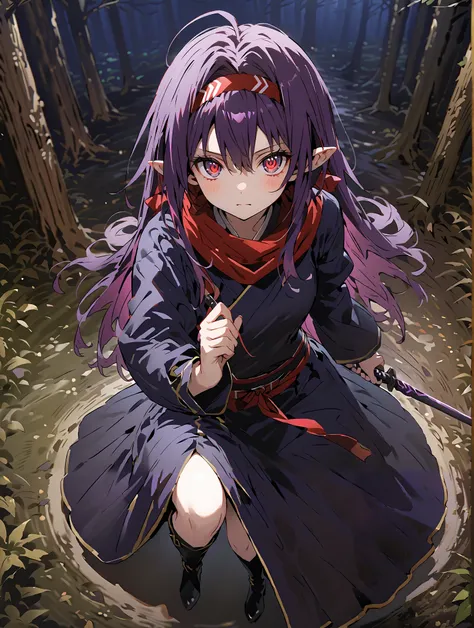 score_9, score_8_up, score_7_up,  source_anime,
 yuukiKonno, Konno Yuuki, Hairband, long hair, pointed ears, purple hair, stupid hair,Red Eyes,ponytail, Purple Kimono , purple speck , red scarf,boots,serious,is standing,
抜knife術の構え, viewers, holding, weapo...