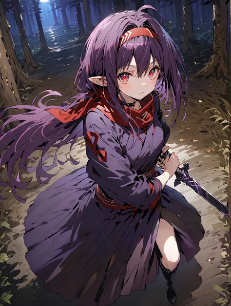 score_9, score_8_up, score_7_up,  source_anime,
 yuukiKonno, Konno Yuuki, Hairband, long hair, pointed ears, purple hair, stupid hair,Red Eyes,ponytail, Purple Kimono , purple speck , red scarf,boots,serious,is standing,
抜knife術の構え, viewers, holding, weapo...