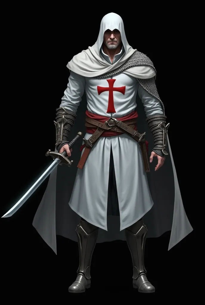  white man, calvo, with a scar on his head, who wears a mesh band on his arms and legs, tunic with metal protectors on his hands and feet, dressed in a white cloaked, a hood and a red cross adorning his chest and carrying a sword in one hand.