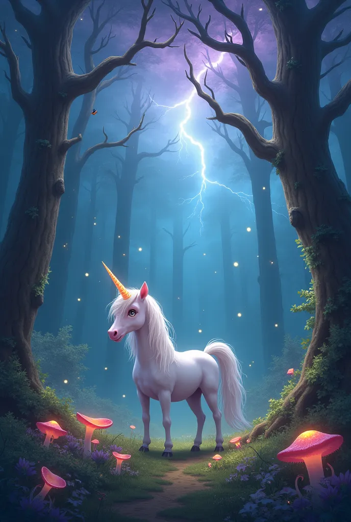 Shy female unicorn, magic forest, storm