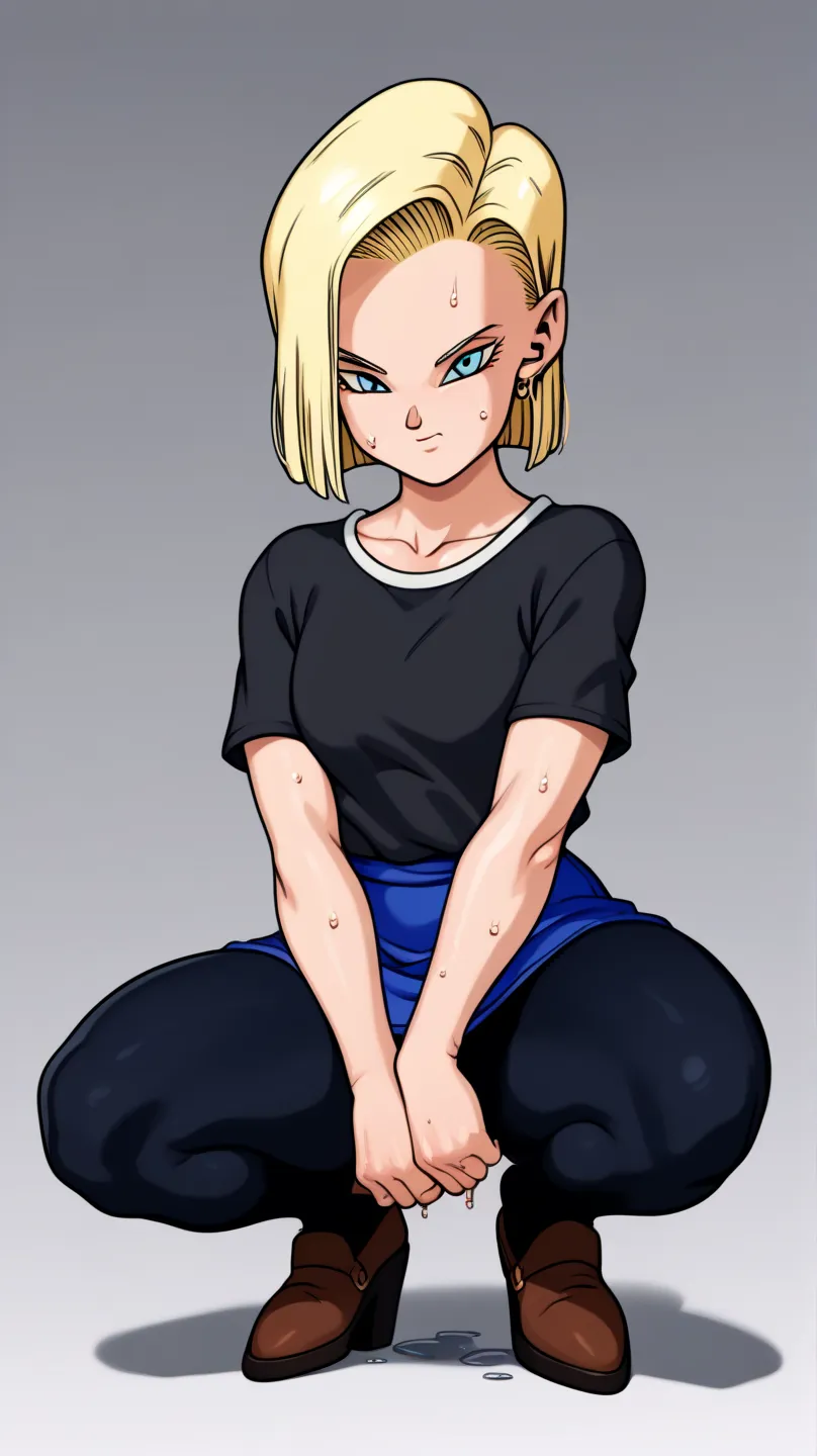 Masterpiece, Android 18,Crouching , looking at the spectator, anatomically correct, Alone,  perfect angle ,  sweating,Buu Saga clothing,  wet, lust,  big boobs blonde hair , short hair, Sensual, black shirt,without bra,blue skirt,longBlack tights , long br...