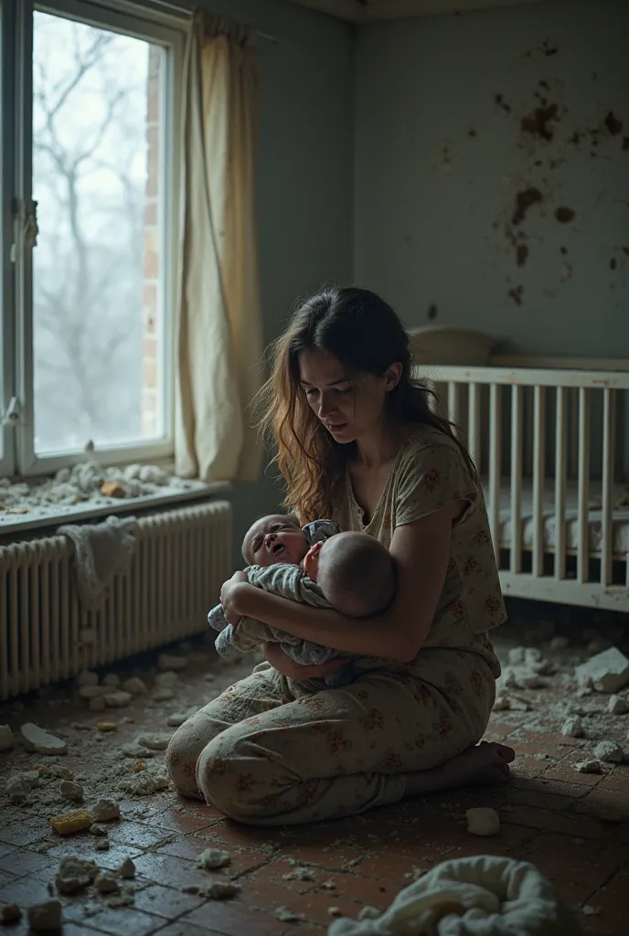 A desperate mother clutched her wailing baby as icy winds howled through shattered windows. The once-safe nursery was now a wreck—tattered curtains swayed, debris littered the floor, and a broken crib stood as a grim reminder of the destruction. Isolated a...