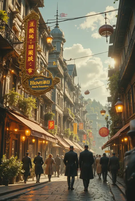 Golden runes and cybernectic line decorate, Grimmdark, darktale, machanical. The Victorian Age steampunk style architecture, prosperity street with sea view, looking to the horizon sea, the Hotel sign on the street, Hotel sign:"Navy House", couple of Navy...