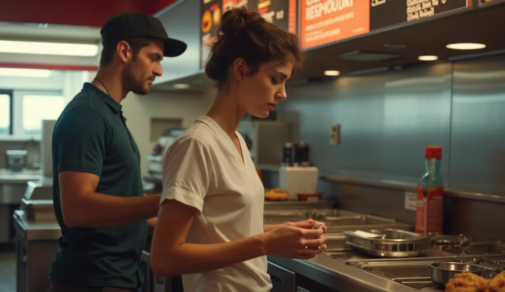 A fast-food kitchen at Chick-fil-A, stainless steel counters reflecting the harsh fluorescent lights. Fryers bubbling, orders being called out, the scent of fried chicken thick in the air. The protagonist, a young female worker in uniform, stands at the pr...